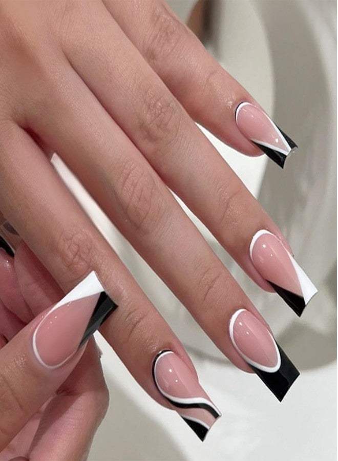 SINHOT Square Press on Nails Medium Fake Nails Glossy Glue on Nails Black White Swirl Acrylic Nails Squoval Artificial Nails French Tip Stick on False Nails with Design 24pcs - Image 1